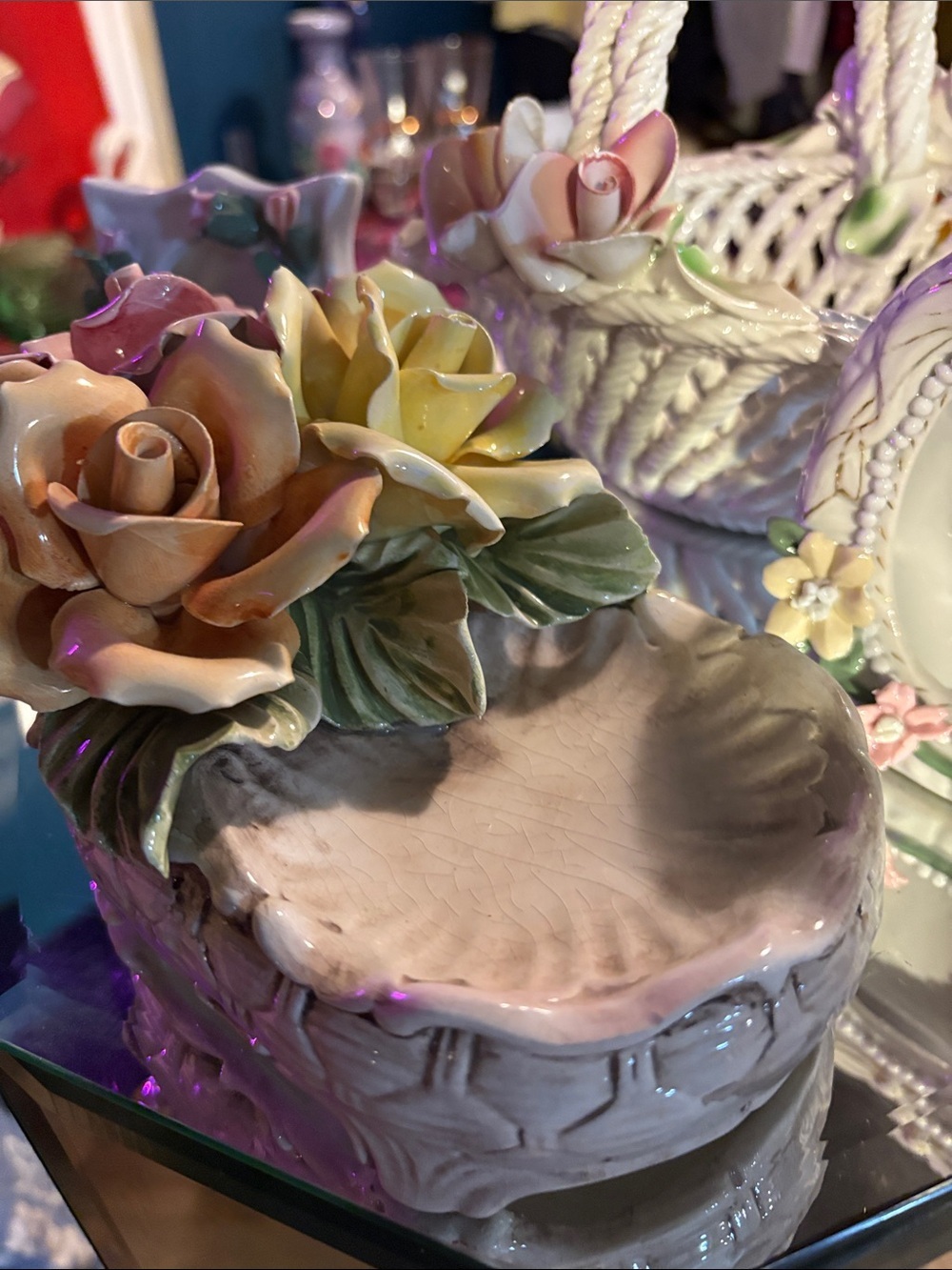 3D Ceramic Flowers Home Decor Bundle Soap Dish 2 Frames & A Basket Made In Italy - Picture 2 of 9
